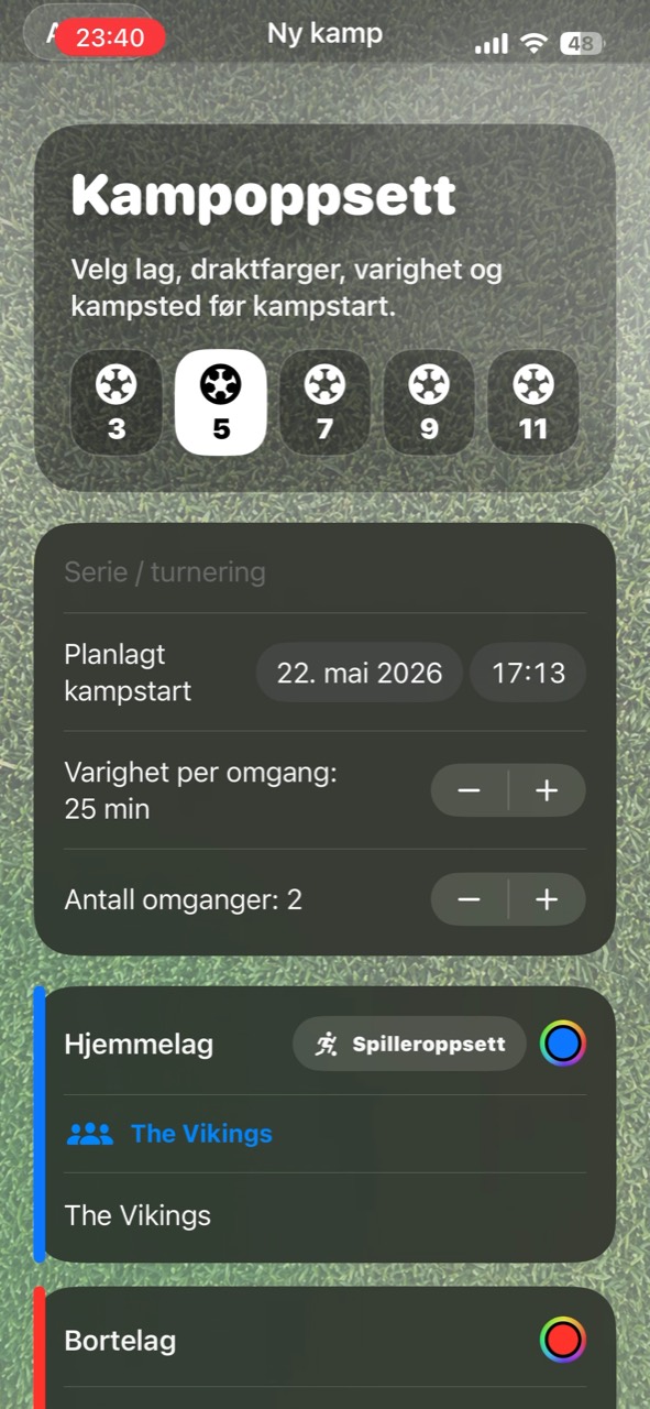 Kampoppsett med varighet, omganger og lagvalg